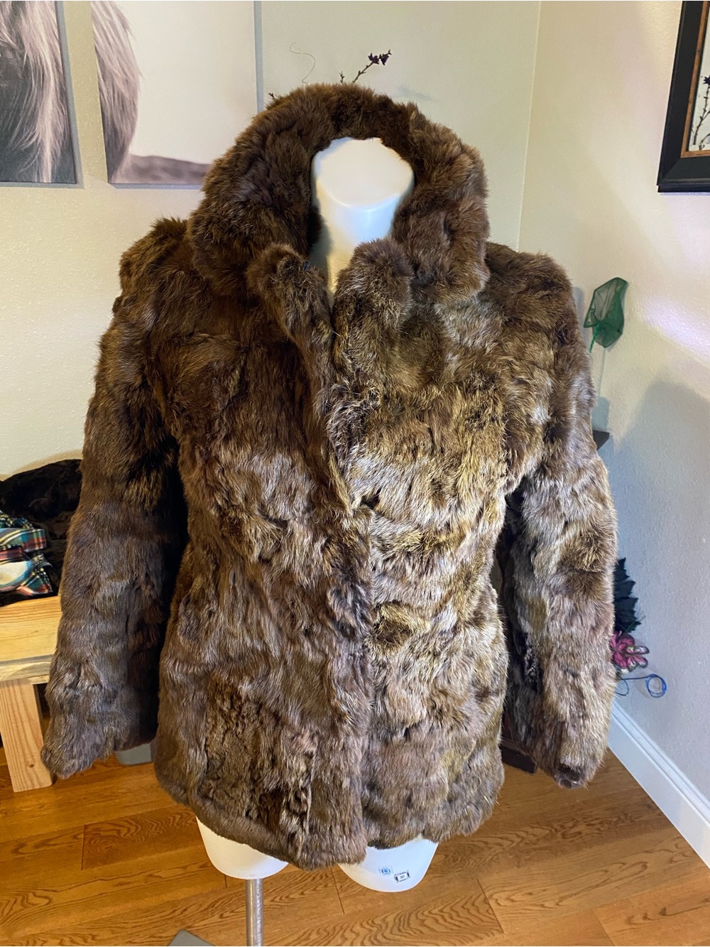 Vintage Genuine 100% Rabbit Fur Jacket Coat Brown Pockets M/L